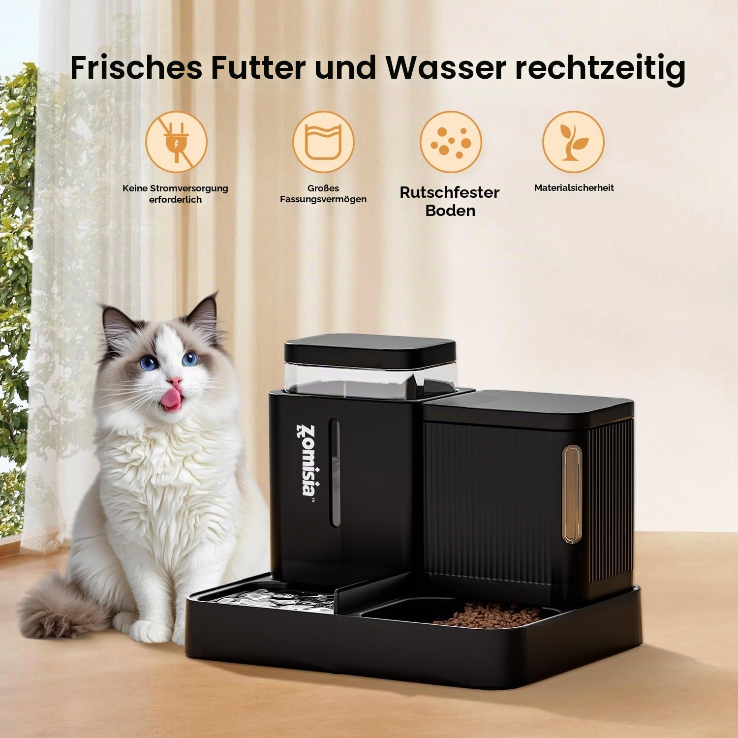 ZOMISIA Automatischer Futterspender für Katzen/Hunde 3L, 2-in-1 Schwerkraft Futterautomat Katze und Wasserspender Trockenfutter mit 180 Grad Drehbar, Schwarz