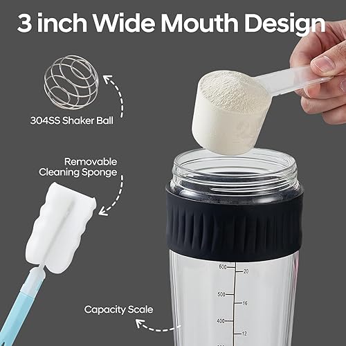 Miniatura 4 de Botella agitadora de vidrio de 24 onzas, polvo de proteína de vidrio de borosilicato, mezcla para mezclas de proteínas con bola mezcladora (A-NEGRO,