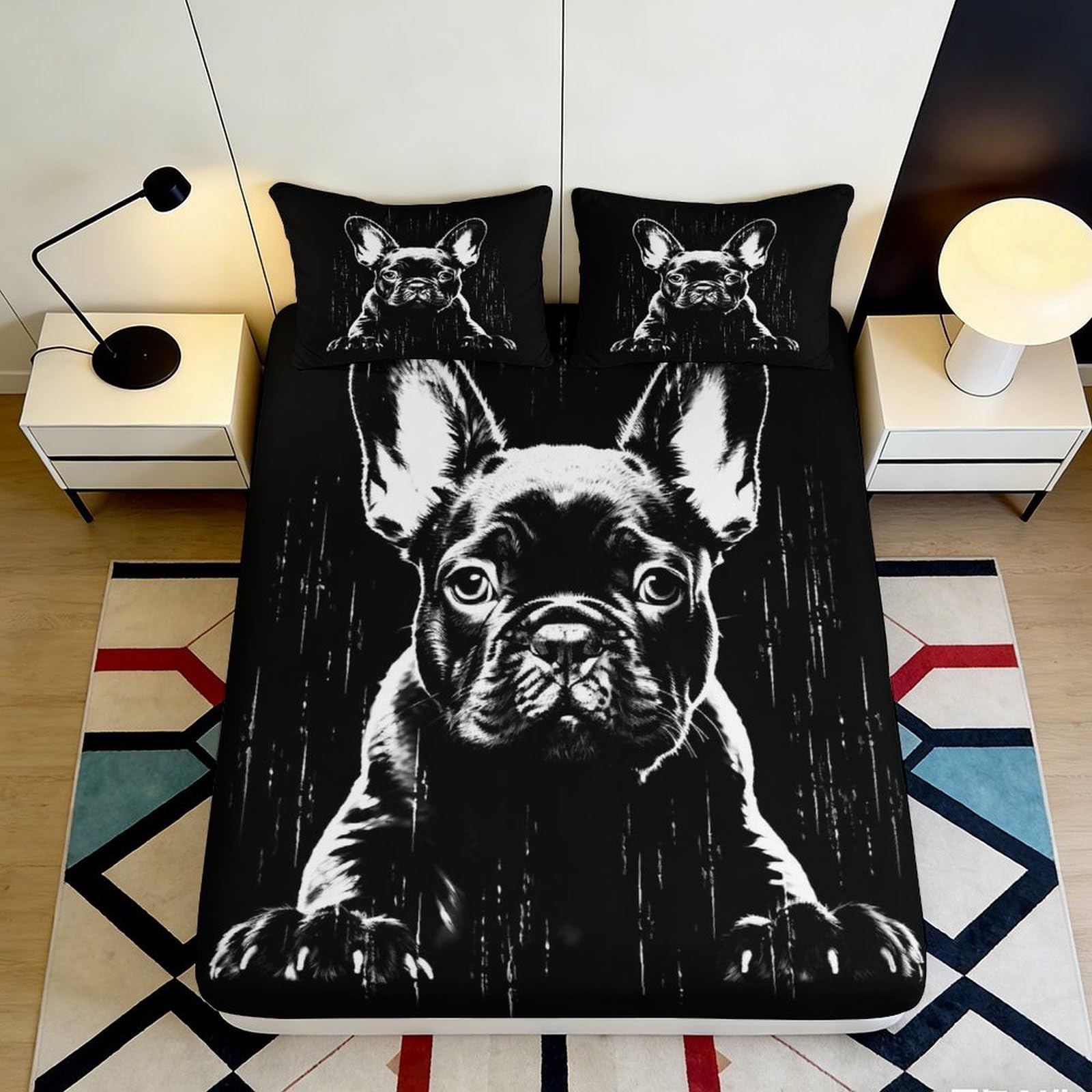 Uxinyoume Style-1 3D Printed French Bulldog Black Fitted Sheet Microfiber Soft Breathable Dog Illustration Mattress Cover Bedroom Decor 90X200x25cm