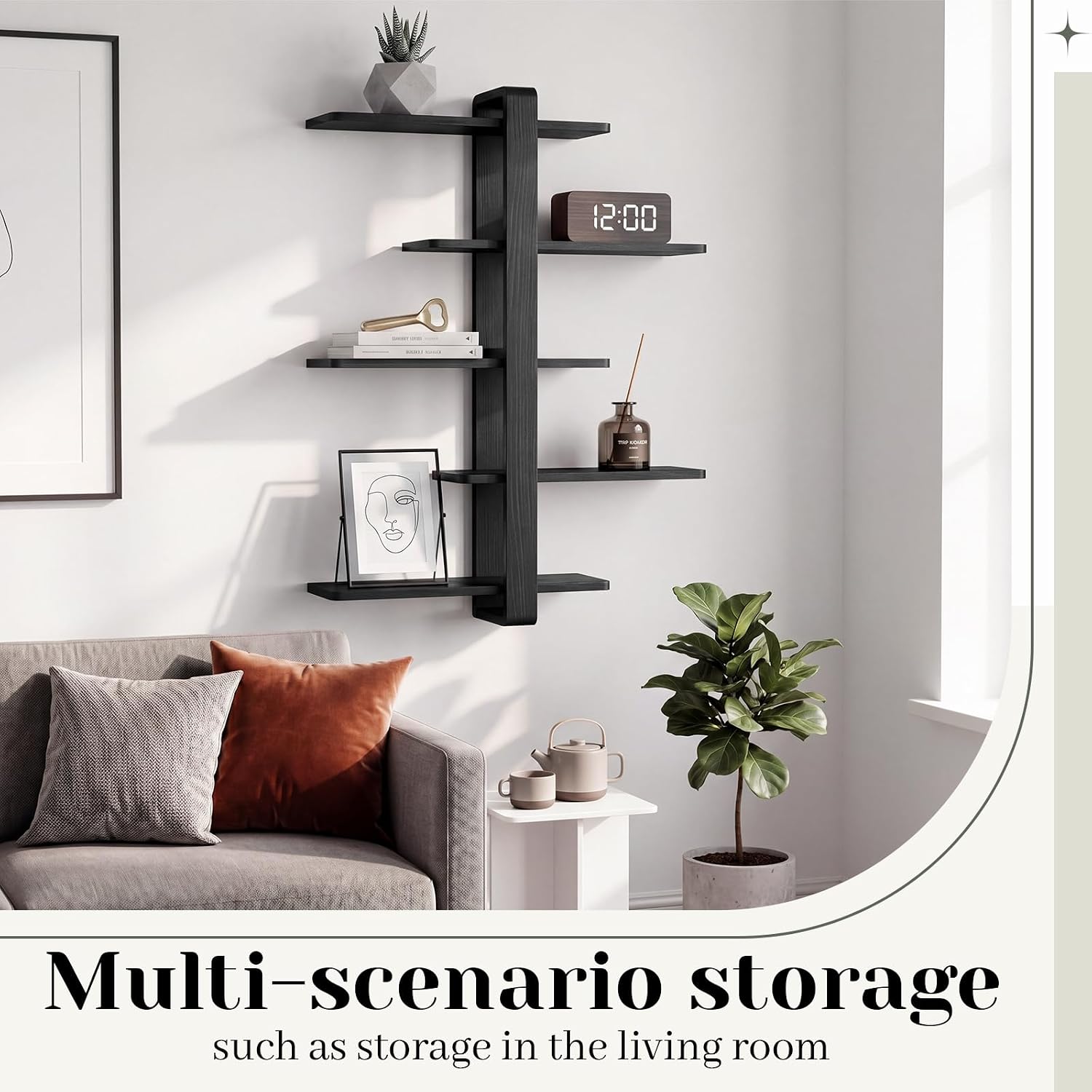 Pinkunn Floating Shelves for Wall, 5 Tier Wall Mounted Shelf Unit with 19.7 Inch Pine Wood Shelves and Black Frame, Decorative Plant Photo Book Display Shelf for Living Room Bedroom Bathroom