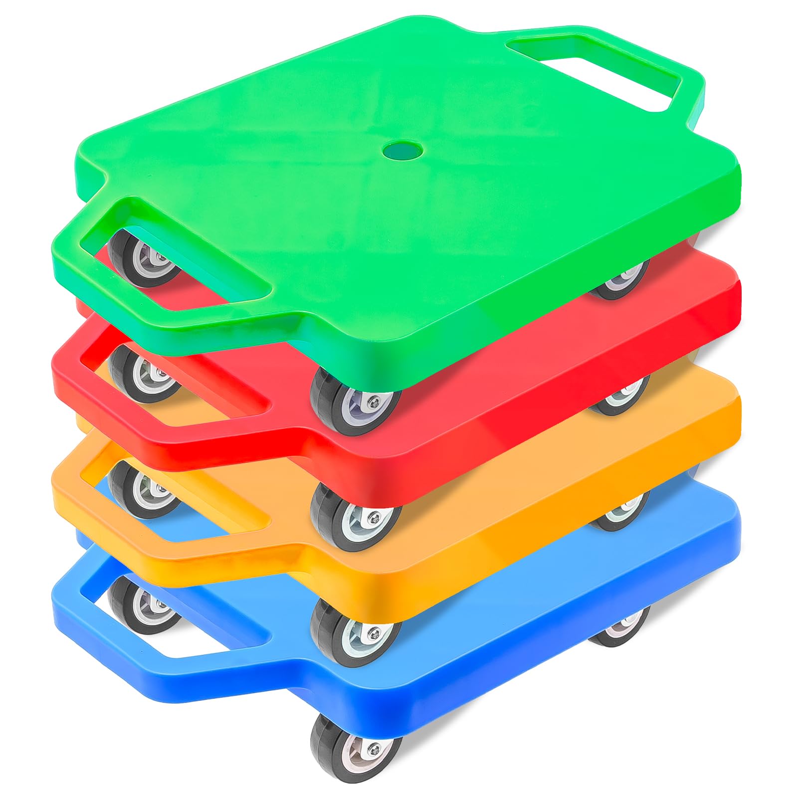 4 Pack Sport Scooter Boards with Handles, Kids Colorful Floor Scooters Plastic Caters Bulk, Sitting Scooter Board Play Equipment for Children Gym Indoor Outdoor Sports Activities, Over 6 Years Old