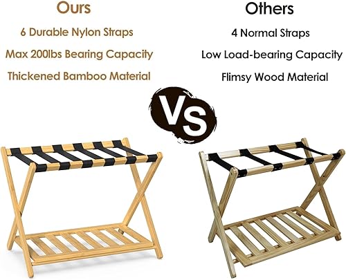 Miniatura 9 de Paquete de 2 Soportes de Equipaje de Bambú para Habitación de Invitados, Soporte Plegable Ancho de 26.77" para Maletas con Estante de