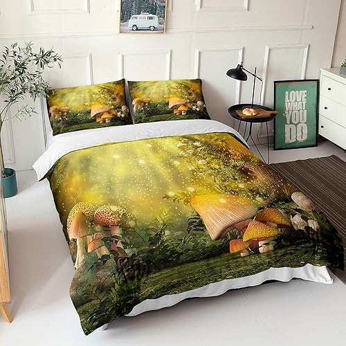 SWAYS Juego de funda de edredón psicodélico de hongos rojos mágicos, mariposa y hongos, decoración del hogar, plantas silvestres naturales, para