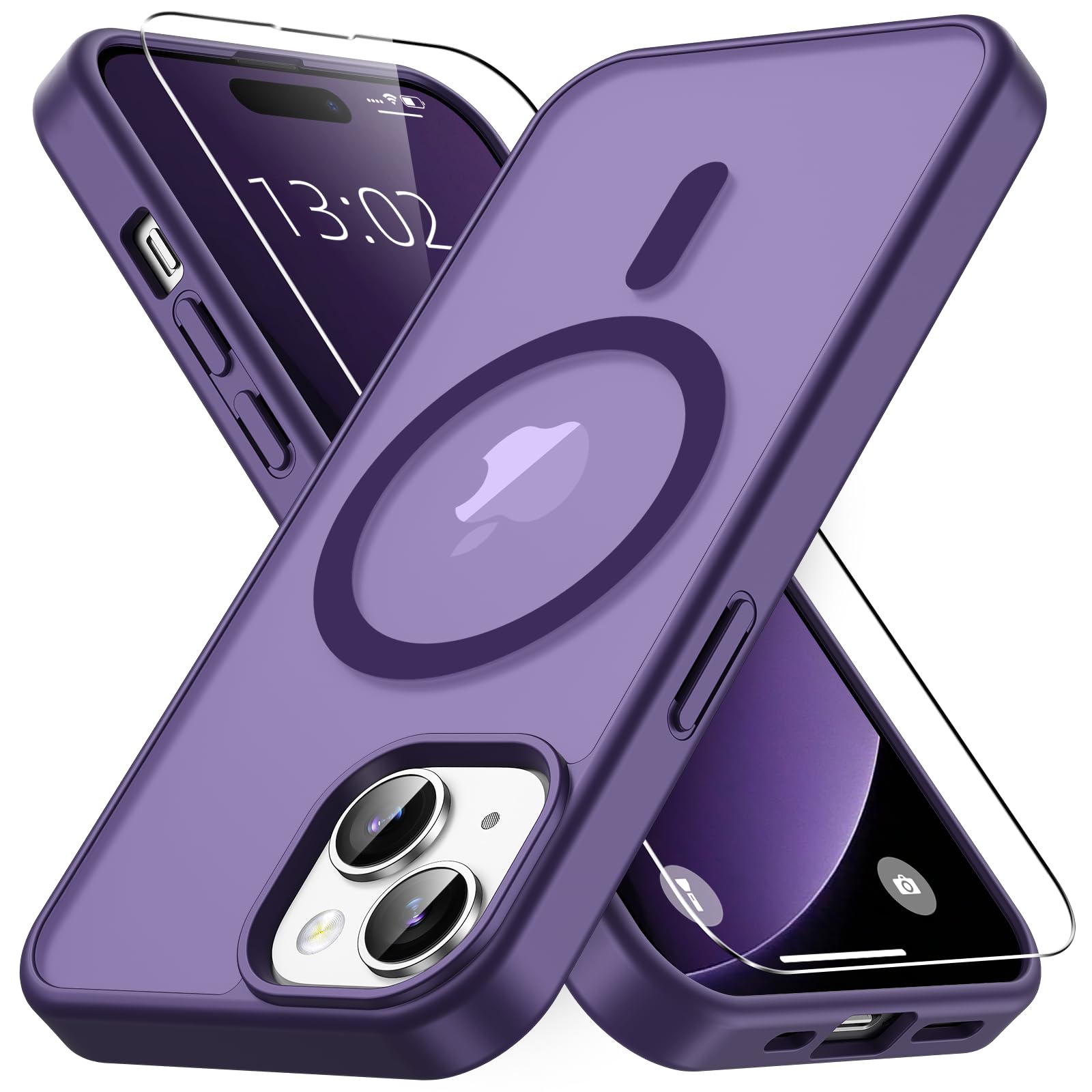 Vansdon Magnetisch für iPhone 15 Hülle mit 1 Schutzglas, Kompatibel mit Magsafe, Fallschutz nach Militärstandard, Transluzente Matt Rückseite Stoßfeste Handyhülle für iPhone 15 Hülle-Dunkelviolett