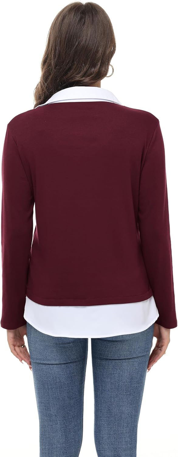 Womens Sweaters Fall Fashion 2025 V Neck Long Sleeve Collared Shirts Office Business Lightweight 2 in 1 Tops - Image 6