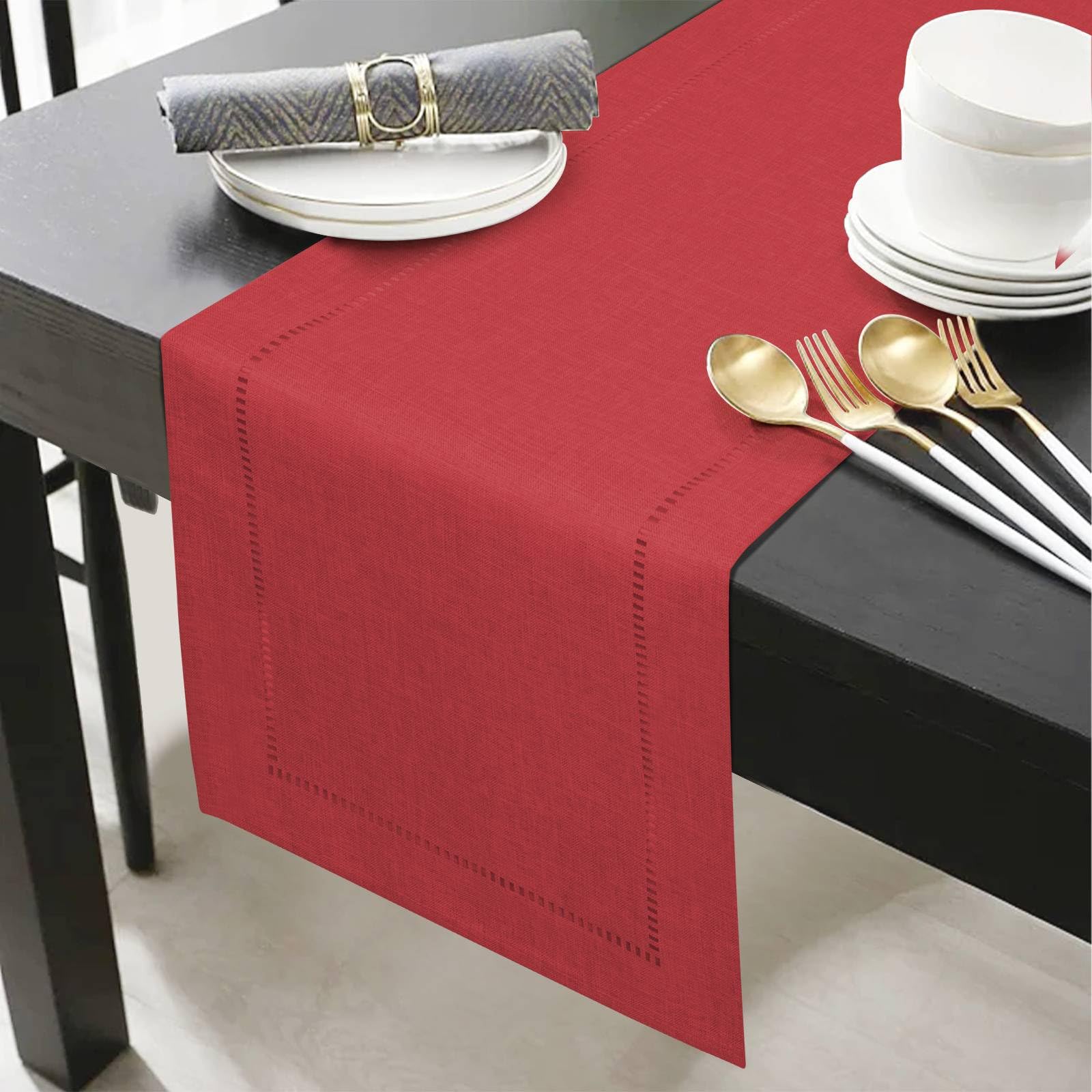 SANLEHAUSE Tafelloper, linnen rood, 32 x 220 cm, tafelloper, linnenlook, tafelloper, effen, modern, onderhoudsvriendelijk, tafelloper voor eettafel, salontafel, restaurant, decoratie