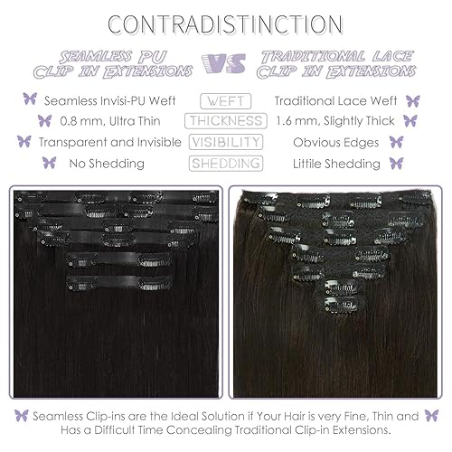 Vista 76 de Lacer Extensiones de cabello humano con clip, de doble trama, cabello brasileño de cabeza completa, color negro azabache, extensiones de cabello