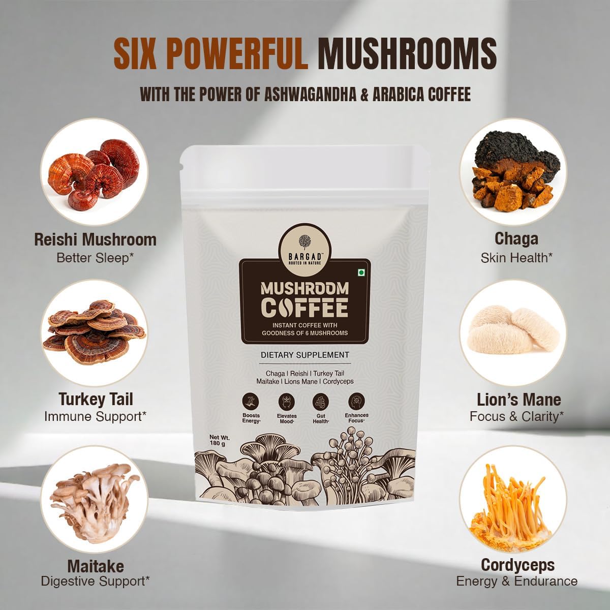 Mushroom Coffee | 6 Adaptogen Mushrooms | Premium Instant Coffee with Benefits of Lion's Mane, Chaga & Turkey Tail for Better Focus, Immune Support, Energy, Digestion & Skin | 30 Servings - Image 3