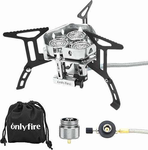 ONLYFIRE OUTDOOR LIVING Estufa de gas portátil para acampar de 6800 W, pequeña estufa de mochilero con adaptador de gas propano, mini estufa de