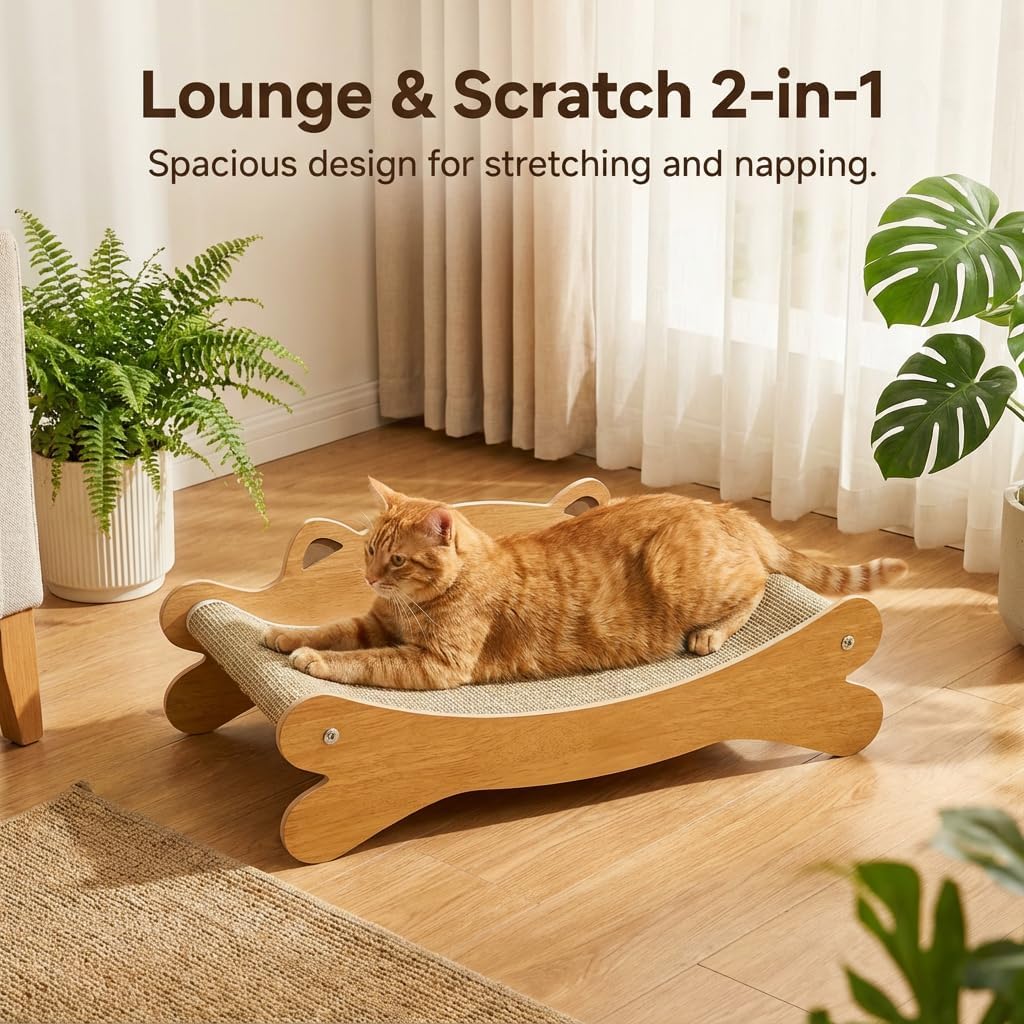 Cat Scratcher Bed for Indoor Cats - Summer Cool Hammock, 23.2″ Large Scratching Lounge with 40 lbs Weight Capacity, Wooden Modern Cat Scratching Post & Pad Furniture