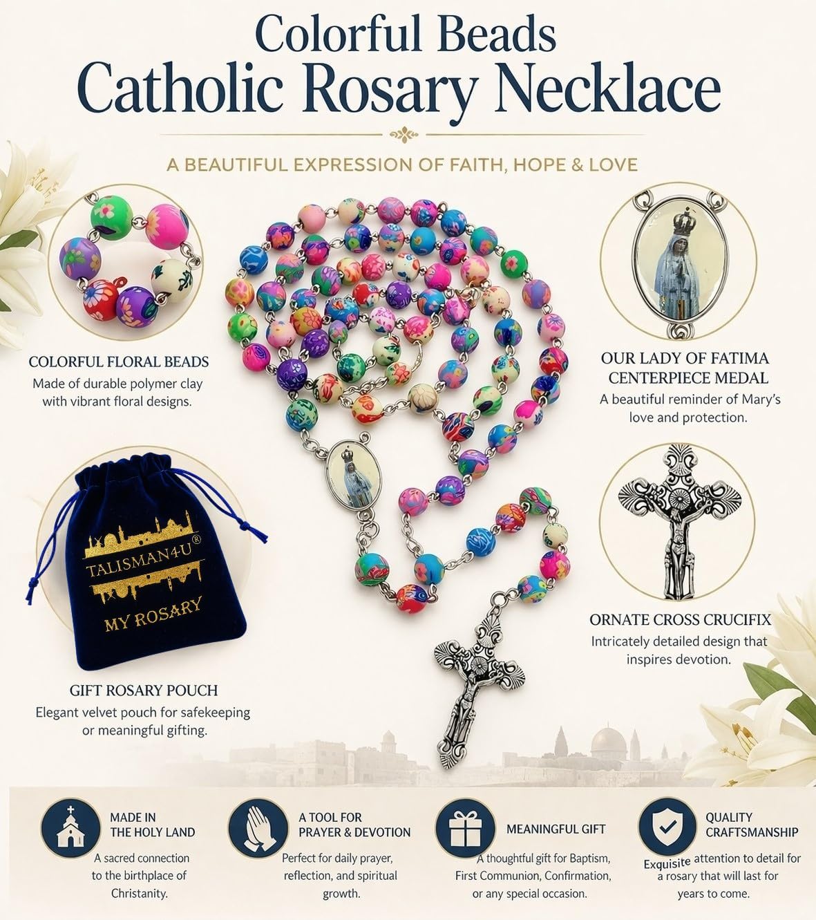 TALISMAN4U CATHOLIC ROSARY NECKLACE Colorful Polymer Beads Our Lady of Fatima Jesus Cross Holy Land Gift Rosary Pouch