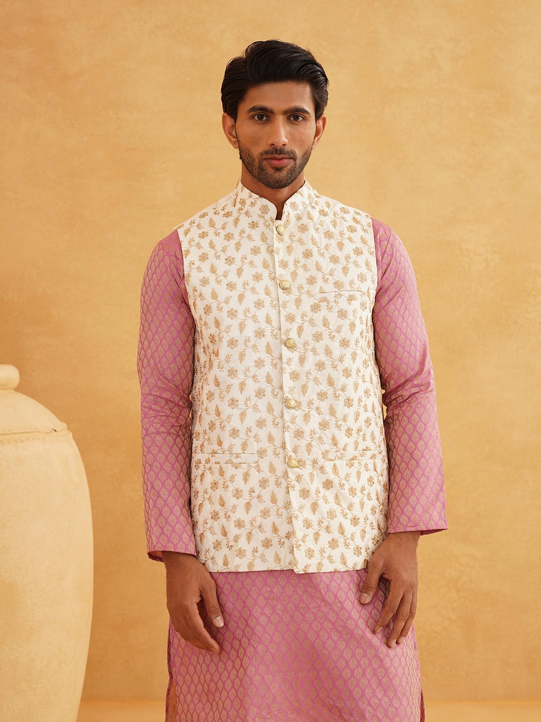 Sojanya (Since 1958 Men'S Silk Blend Self Design Pink Kurta With Pyjama & Nehru Jacket - Image 8
