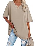 ATHMILE Womens Oversized Shirts V Neck Plus Size Spring Workout Summer Tops Beach Vacation 2026 Gym Clothes Basic Tee Large Khaki