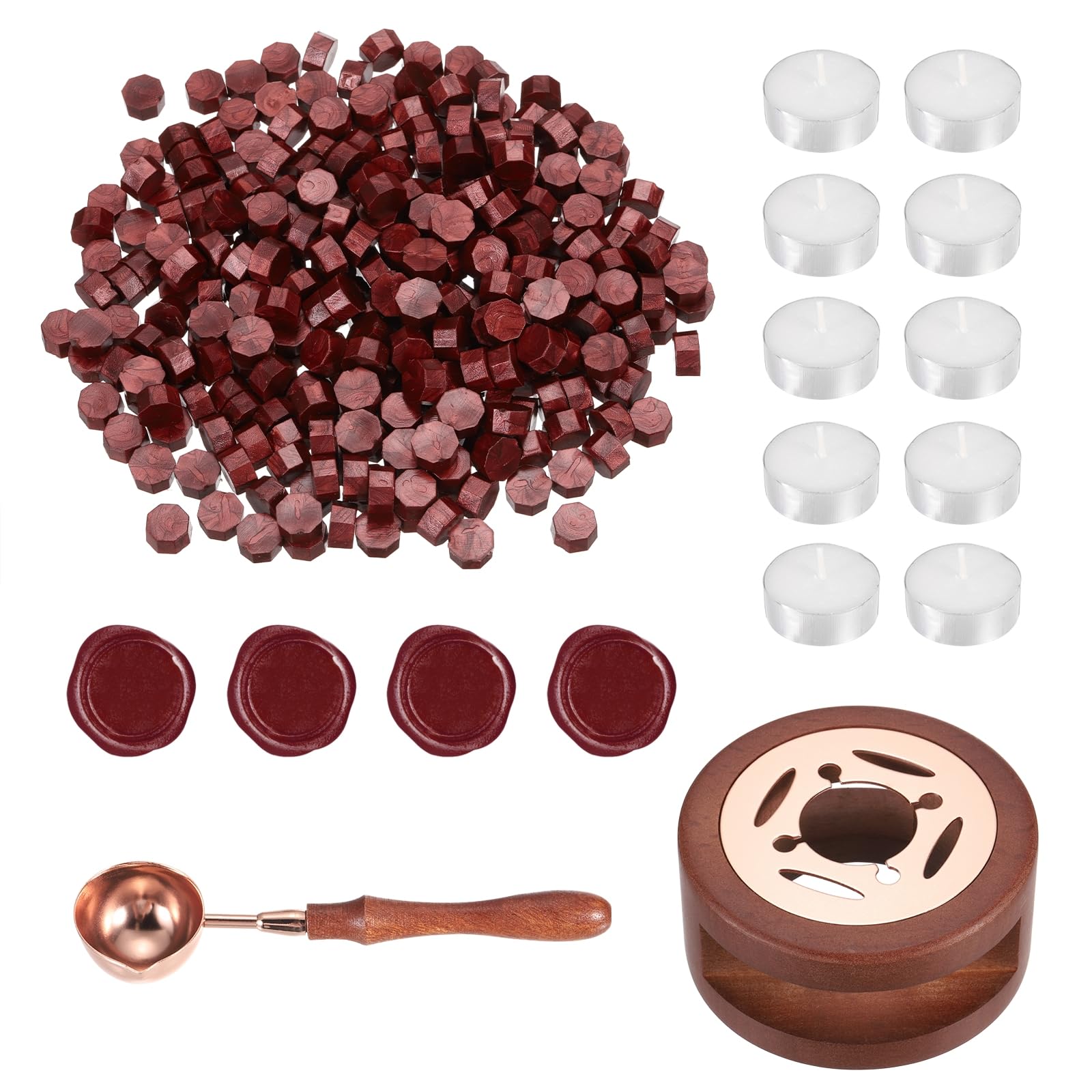 PATIKIL Wax Seal Kit, 300 Pcs Wax Sealing Beads, Wooden Warmer, Melted Spoon, 10 Pcs Tealight Candles for Envelope Letter Mailing Crafts DIY, New Wine Red