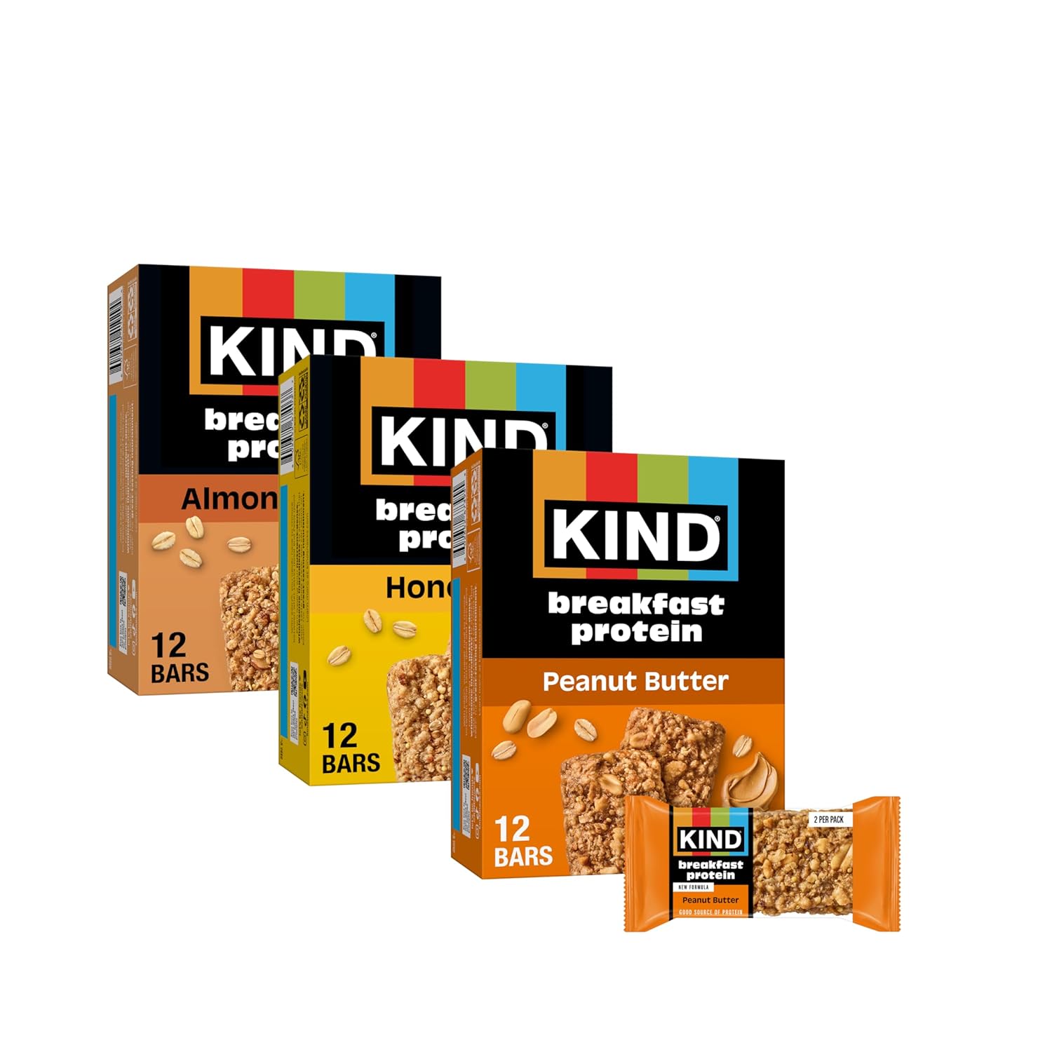 KIND Breakfast Protein Variety Pack: Peanut Butter, Honey Oat, Almond Butter - 8g Protein Gluten-Free Bars, Non-GMO, 18 Count