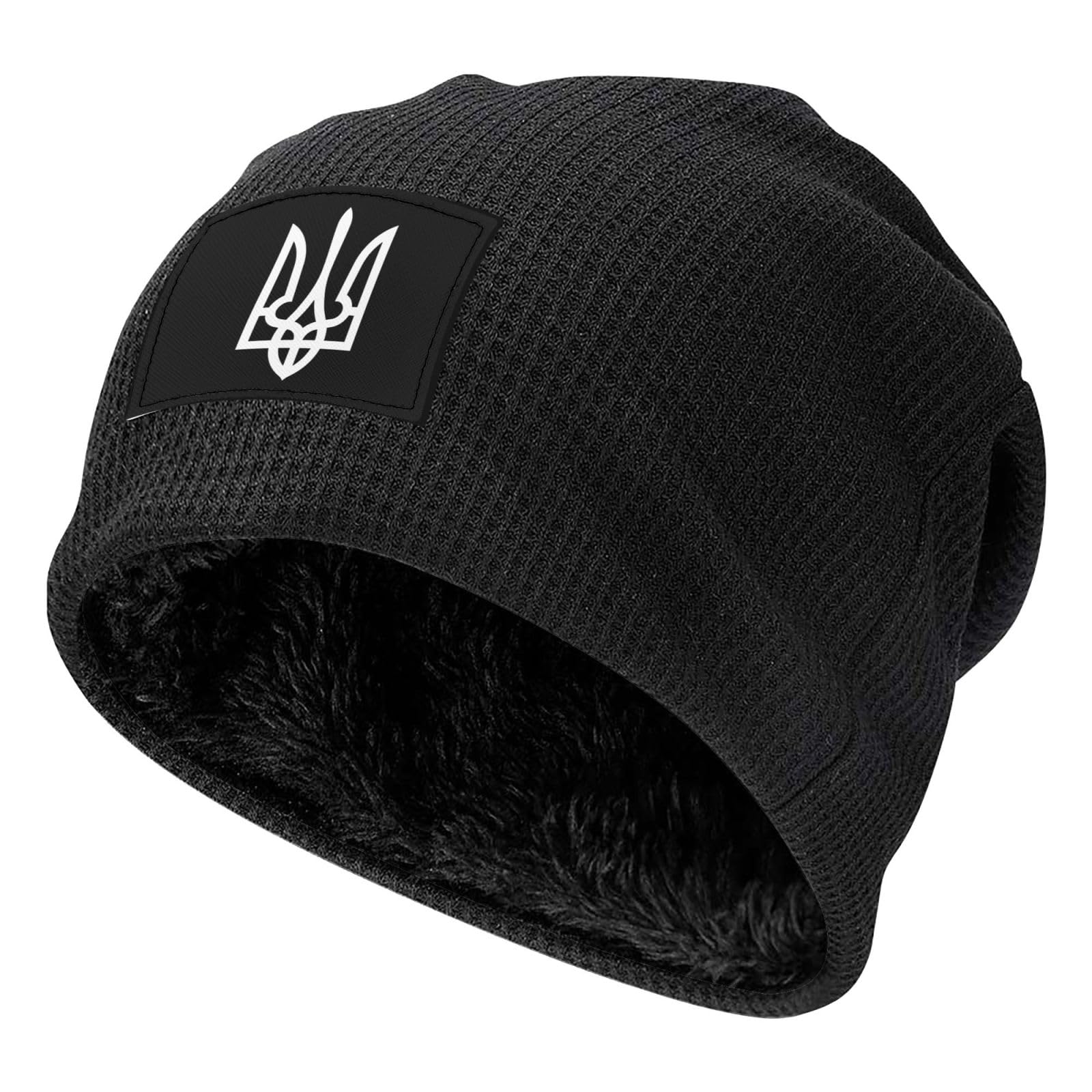 Kwqdozf Unisex Black Ukraine Tryzub Proud Ukrainian Knitted Hat Winter Warm Fleece Lined Skull Cap Knit Warm Beanie Hats
