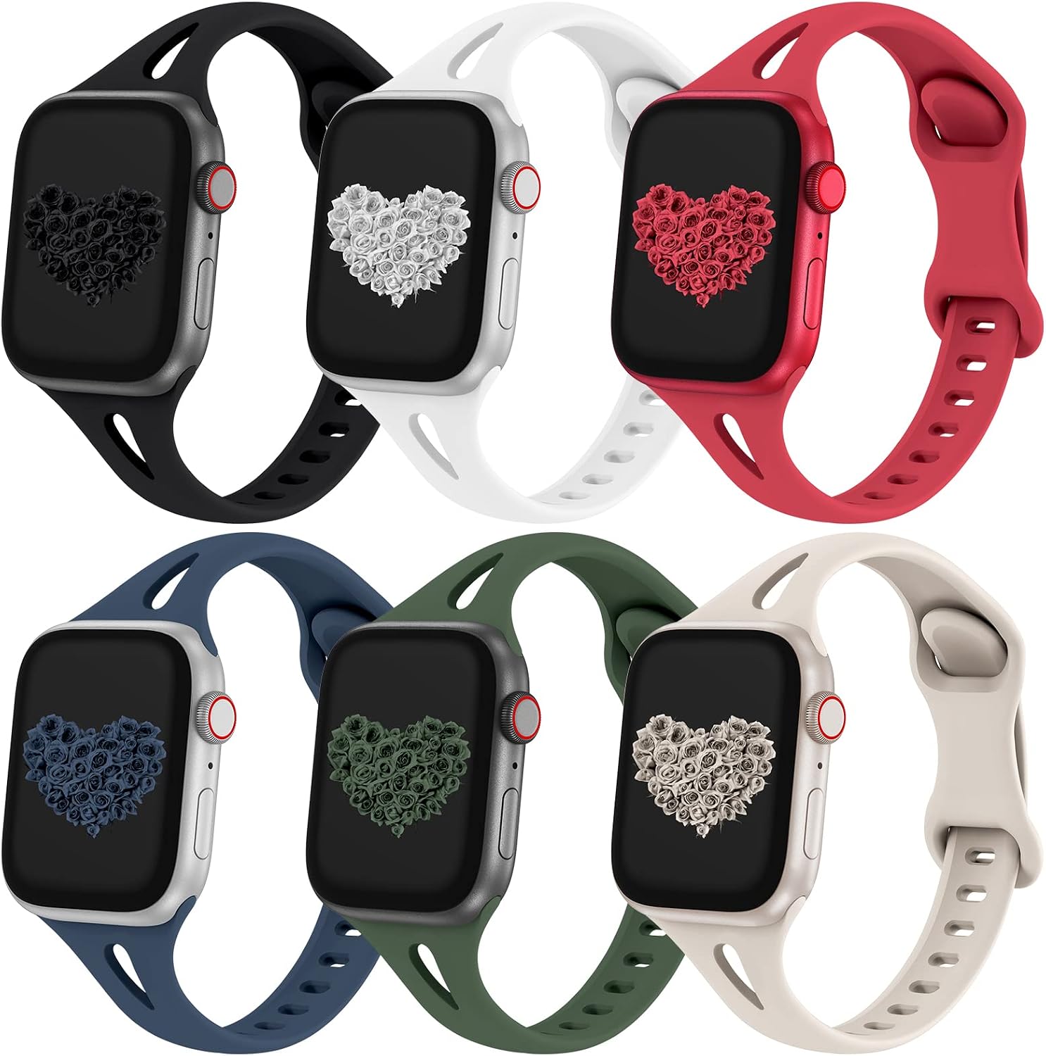 Acrbiutu 6 Pack Bands Compatible with Apple Watch 38mm 40mm 41mm 42mm 44mm 45mm, Slim Thin Narrow Replacement Water Drop Silicone Sport Strap Wristbands for iWatch Series SE 7/6/5/4/3/2/1 Women Men