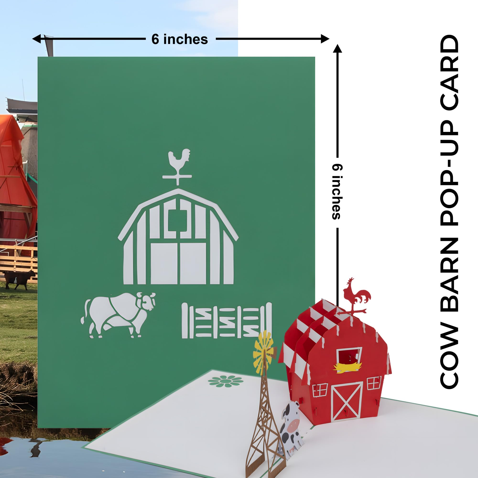 iGifts And Cards Tarjeta de felicitación desplegable 3D de vaca – animales, molino de viento, granja, ganado, lácteos, sol, guau, diversión, mitad plegable, feliz cumpleaños, Just Because, Thinking of