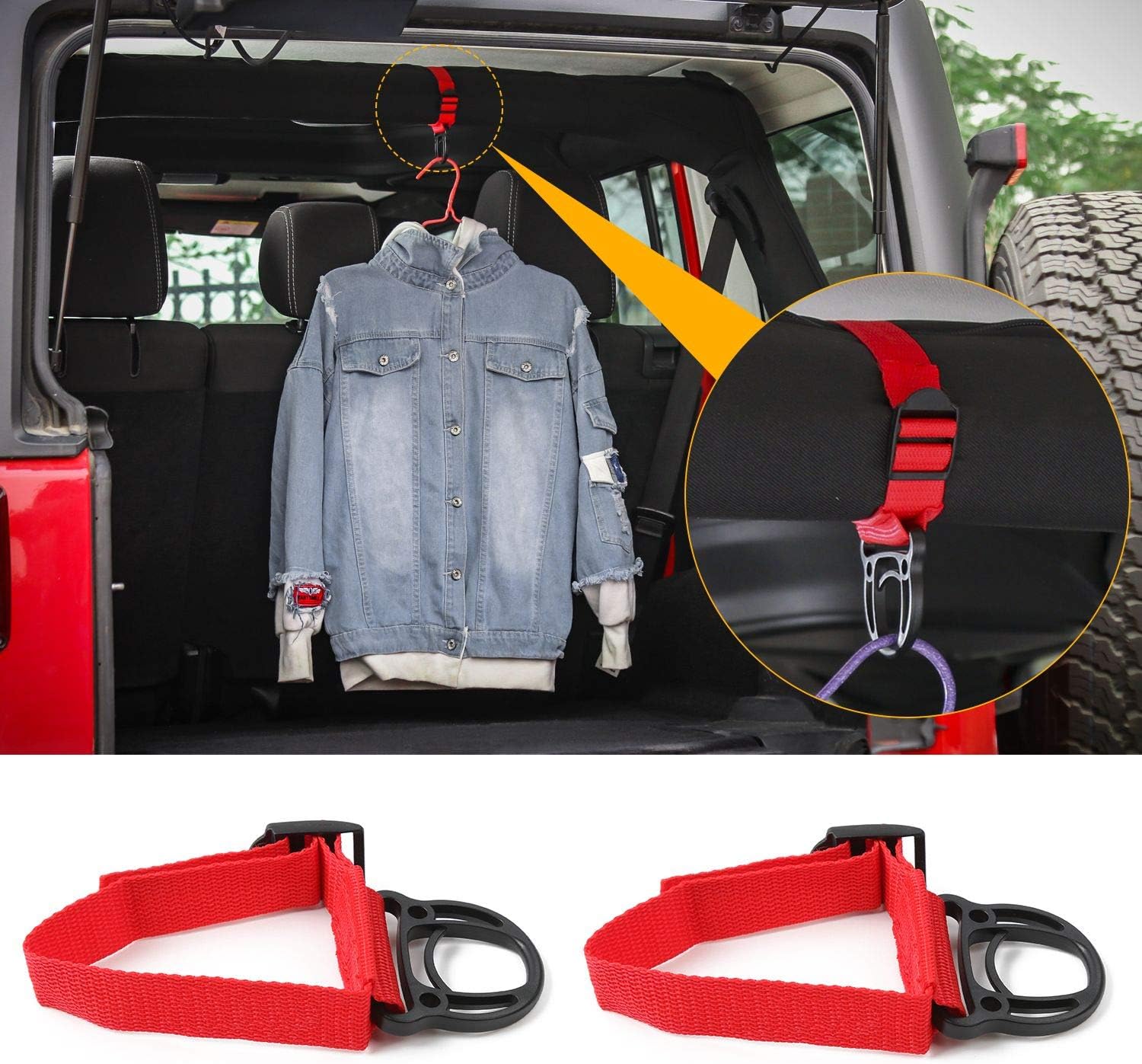 JeCar 2PCS Roll Bar Coat Hanger Clothes Hook for Jeep Wrangler CJ YJ TJ LJ JK JKU JL JLU JT Sports Sahara Freedom Rubicon & Unlimited X 2/4 Door (Red)