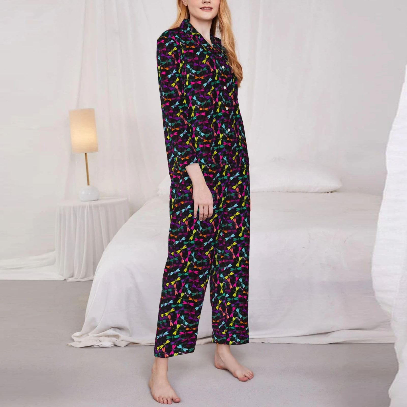 Pigiama da donna a maniche lunghe con stampa libellula carina set pigiama morbido lounge pigiameria fine notte fine settimana, Nero , L