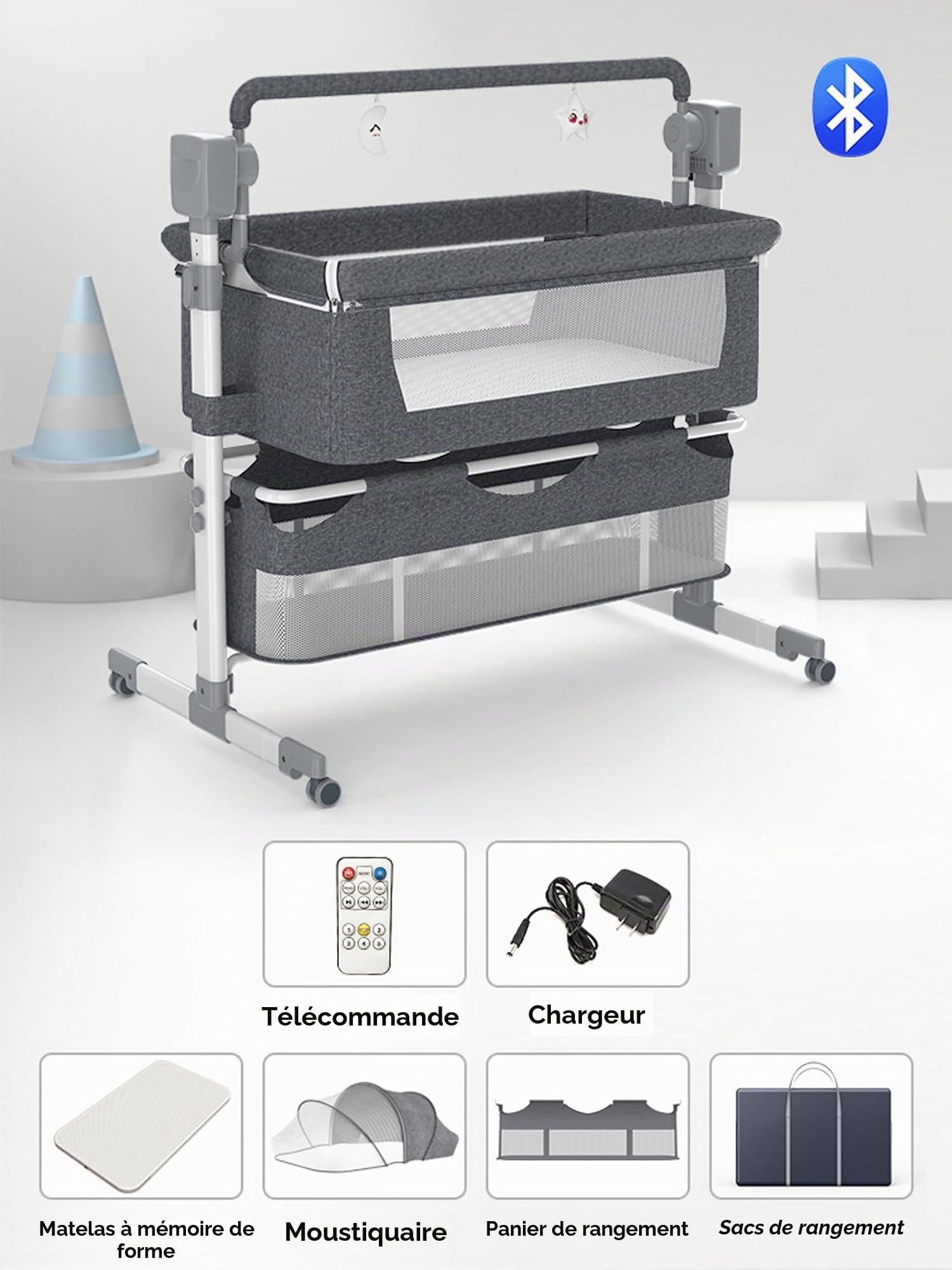 MoLi Électrique Bluetooth Intelligent Lit Cododo Bebe, Convertible Cododo Berceau Bébé Co-Sommeil, Pliable Lit Bebe avec Matelas, Télécommande, Musique et 5 Vitesses Balancement (601 Grey)