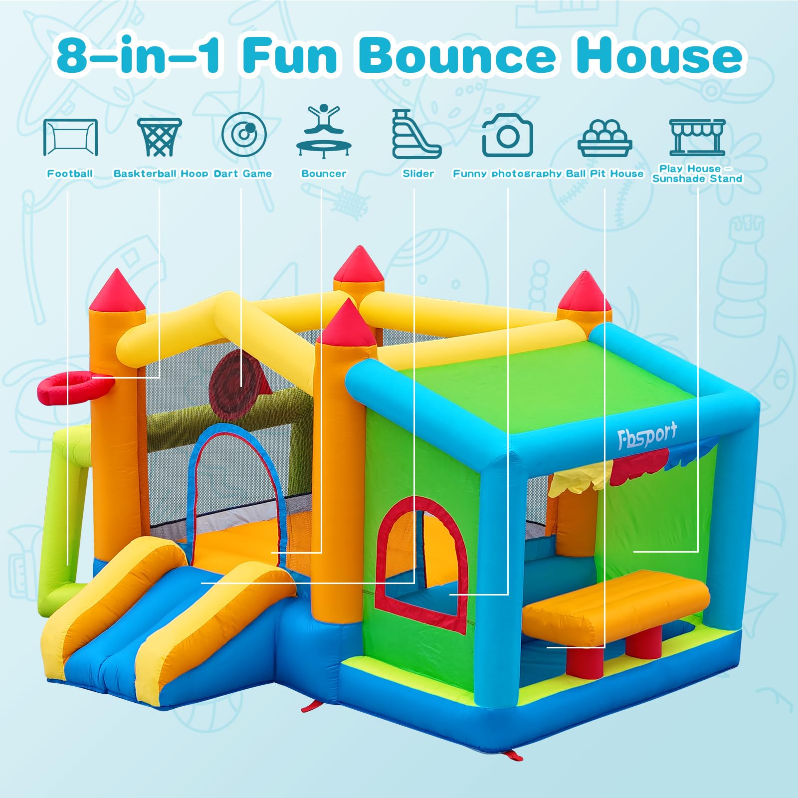 FBSPORT château Gonflable Exterieur Enfant avec souffleur Aire de Jeux Gonflable château Gonflable Piscine Meilleur Cadeau de Vacances/d'anniversaire pour Les Enfants