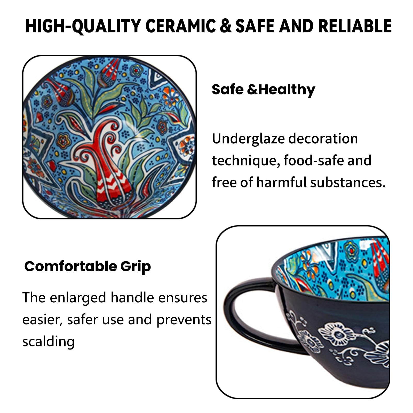Tazza da Zuppa in Ceramica 400 ml con Manico, Ciotola da Zuppa in Ceramica Dipinta a Mano, Resistente al Forno e Microonde - Per Colazione, Müesli, Dessert, Latte, Frutta e Insalata (GLD)