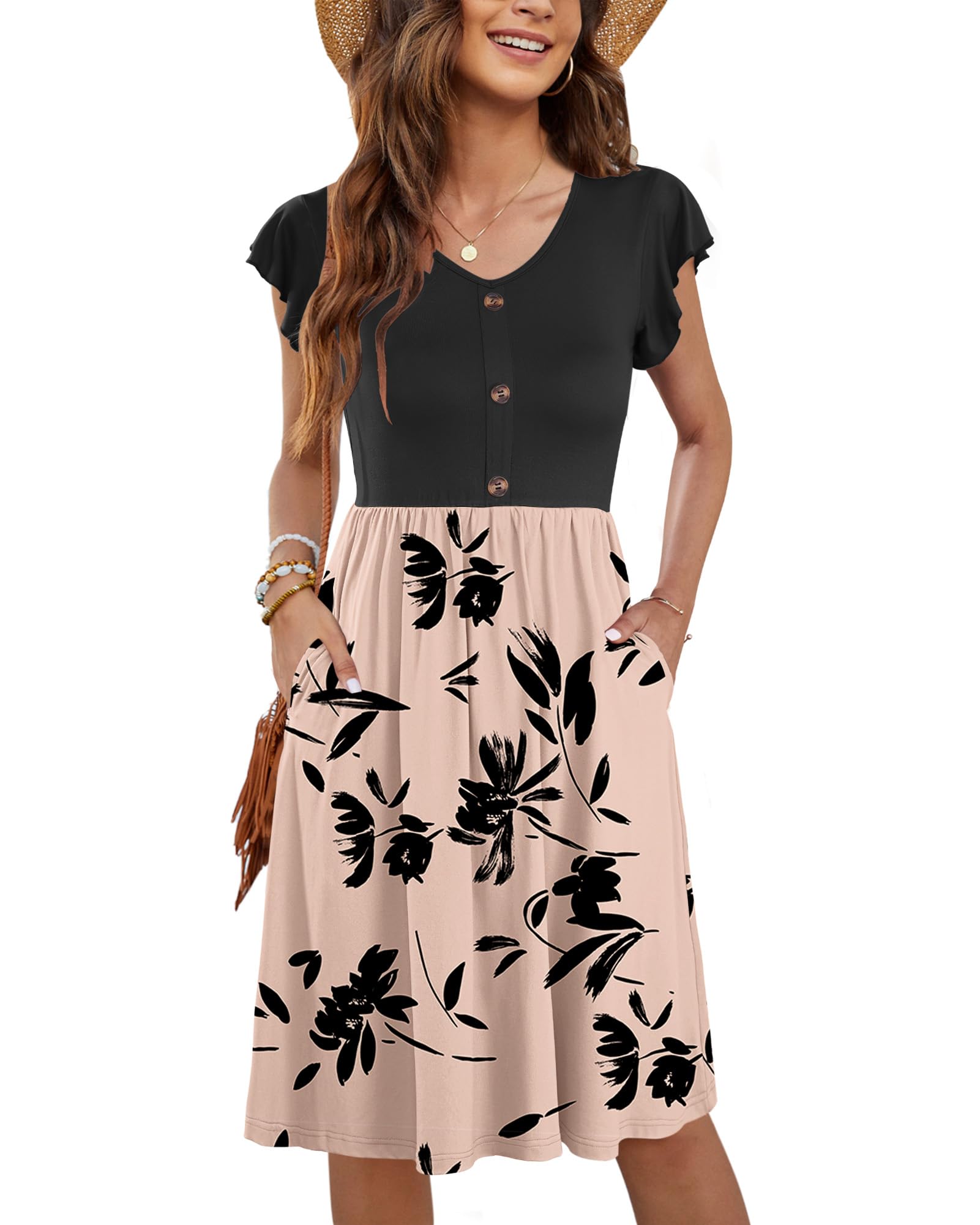 MOLERANI Women Sun Dresses Ruffle Sleeve V Neck Casual Swing Elastic Waist Midi Dress with Pockets Brown Flower 2XL
