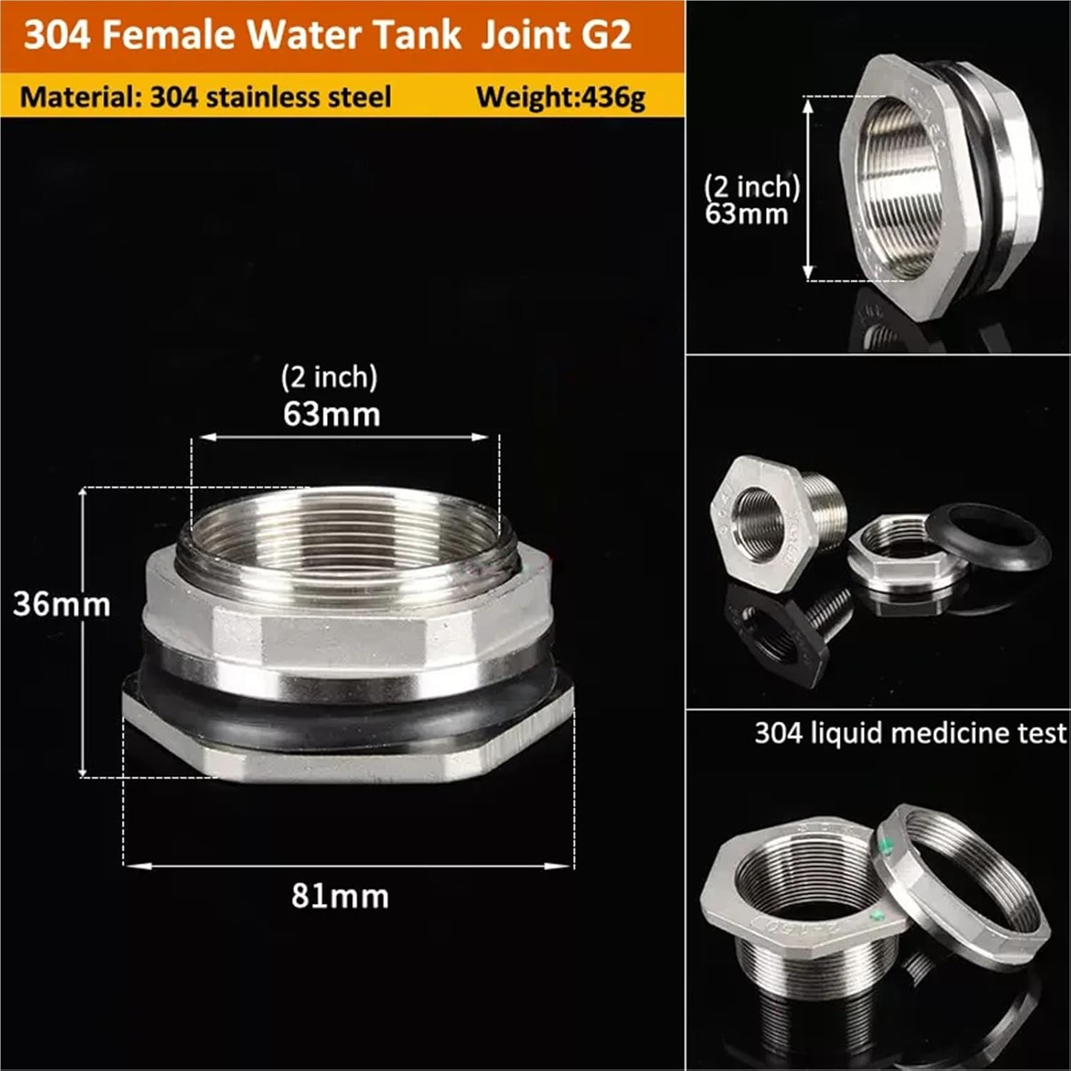 1/2”3/4”1”1-1/4”2" Male Thread 304 Stainless Steel Pipe Single Loose Key Swivel Fitting Nut Water Jointer Connector(G2 DN50 Water Tank)