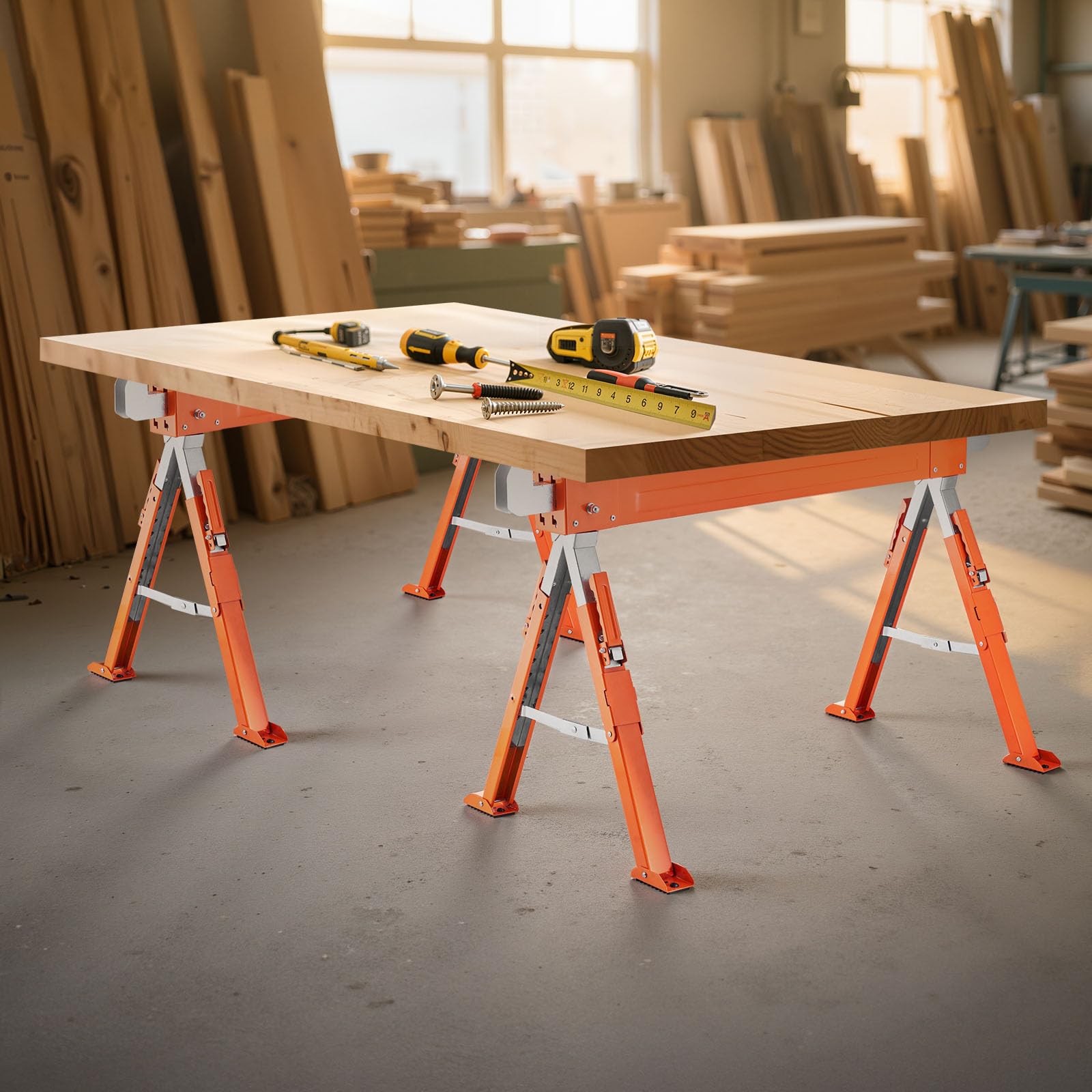 VEVOR Chevalet de Sciage, Lot de 2, Tréteau de Sciage Pliable, Capacité de Charge 816,5 kg, Hauteur Réglable, Pieds Robustes, Patins Antidérapants, Outil pour Menuiserie, Menuisiers, Bricoleurs Bois