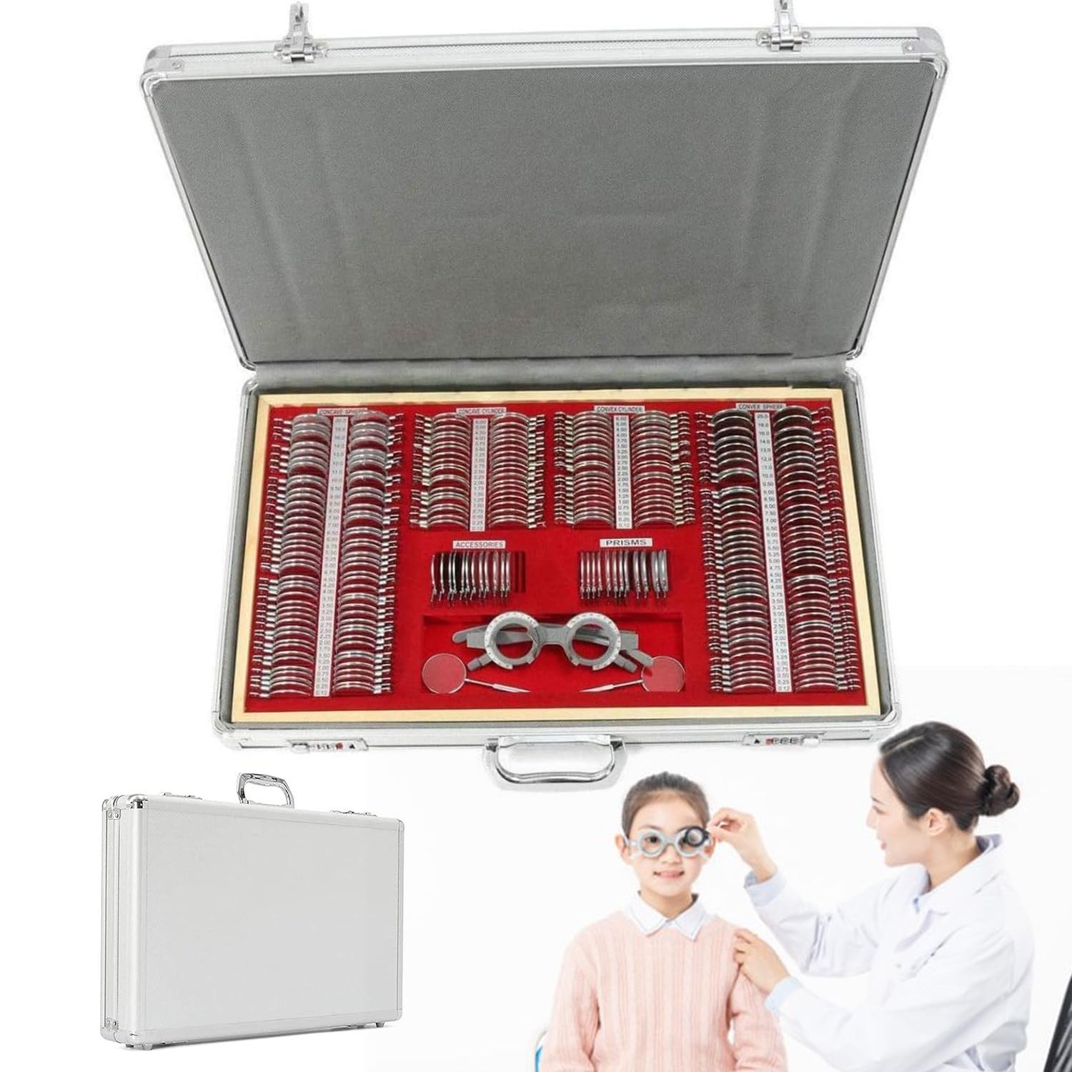 GTANND 104/266 Pcs/Set Optical Trial Lens Set Optometry Kit, Eye Test Lens Frame,Metal Rim Ophthalmic Lenses + Aluminum Case + Trial Frame + Cross Cylinders,266Pcs