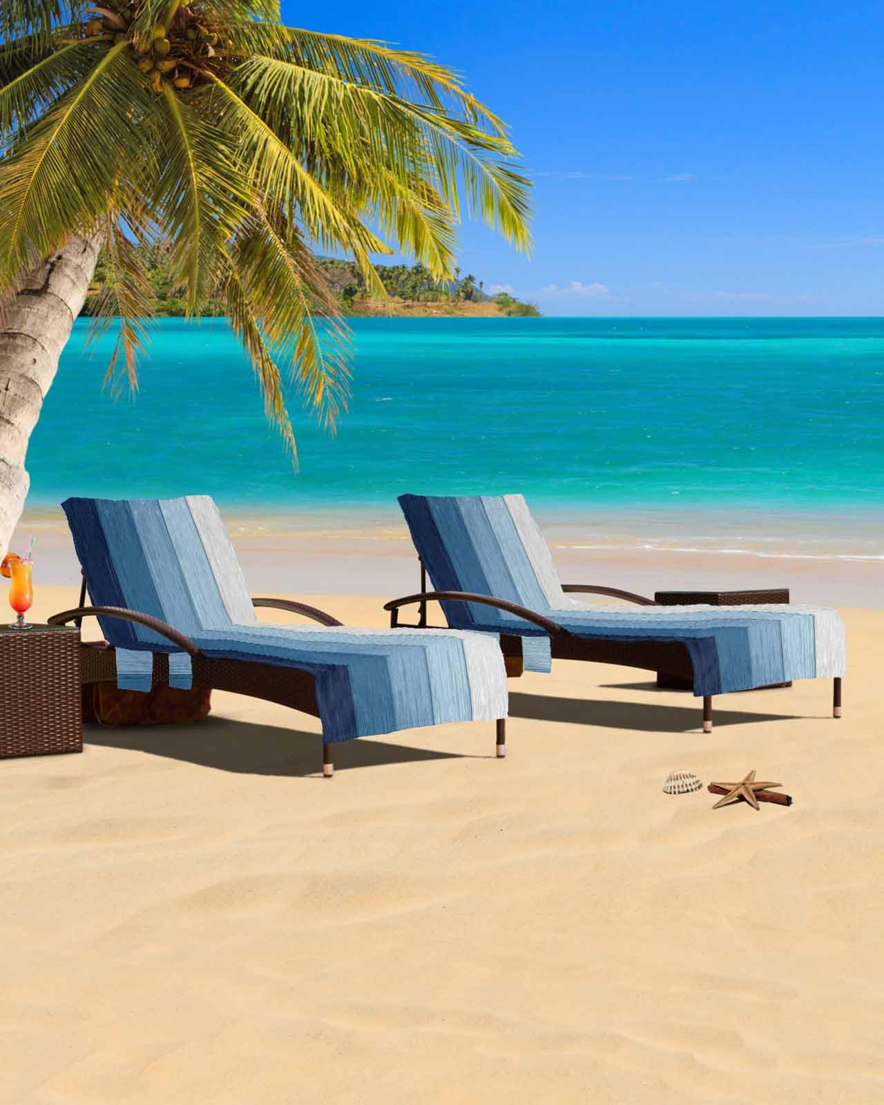 Blue Beach Chair Cover with Side Pockets, Microfiber & Quick Dry Pool Chaise Lounge Chair Towels Covers for Sun Sunbathing Patio Garden Hotel, Geometric Retro Striped Rustic Farmhouse Wooden