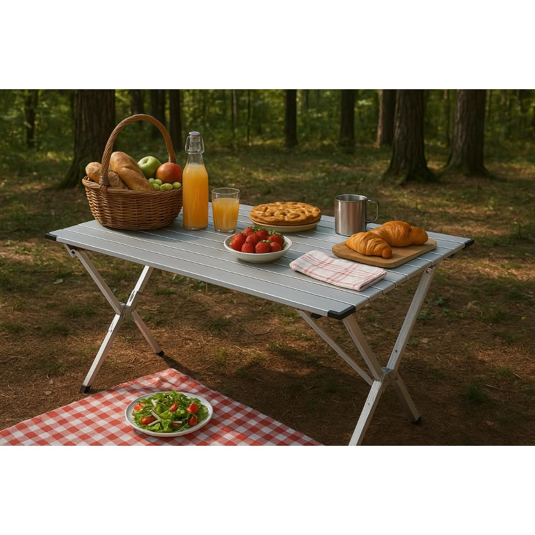 BERARDI B.INTERIORS Tavolo da Campeggio Pieghevole in Alluminio, 110x70 cm, Altezza Regolabile, 4 Persone