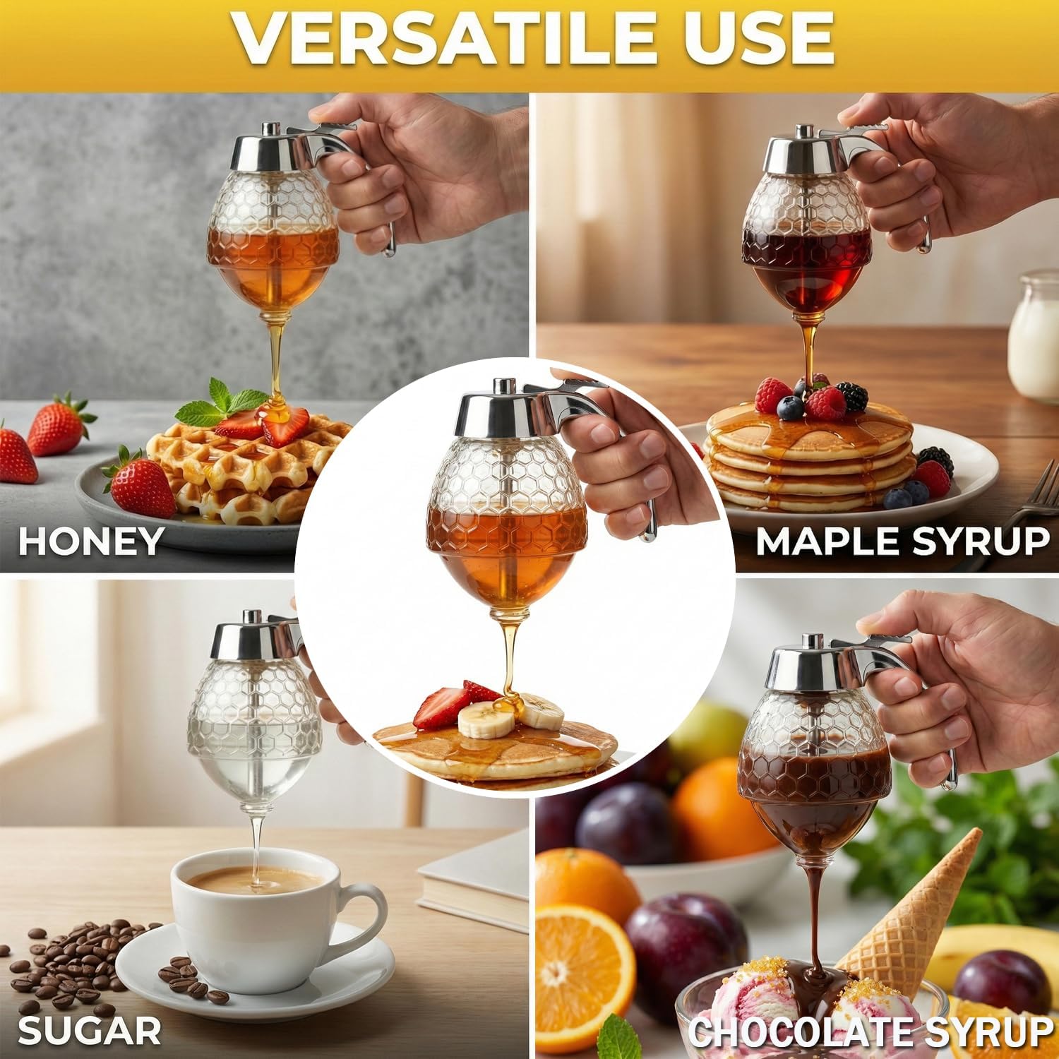 Shatterproof Honey Dispenser No Drip with Stand, Clear Syrup Dispenser for Coffee Bar, Honey Jar Container, 200ml Pourer Server for Home Kitchen, Elegant Chrome Plated Handle