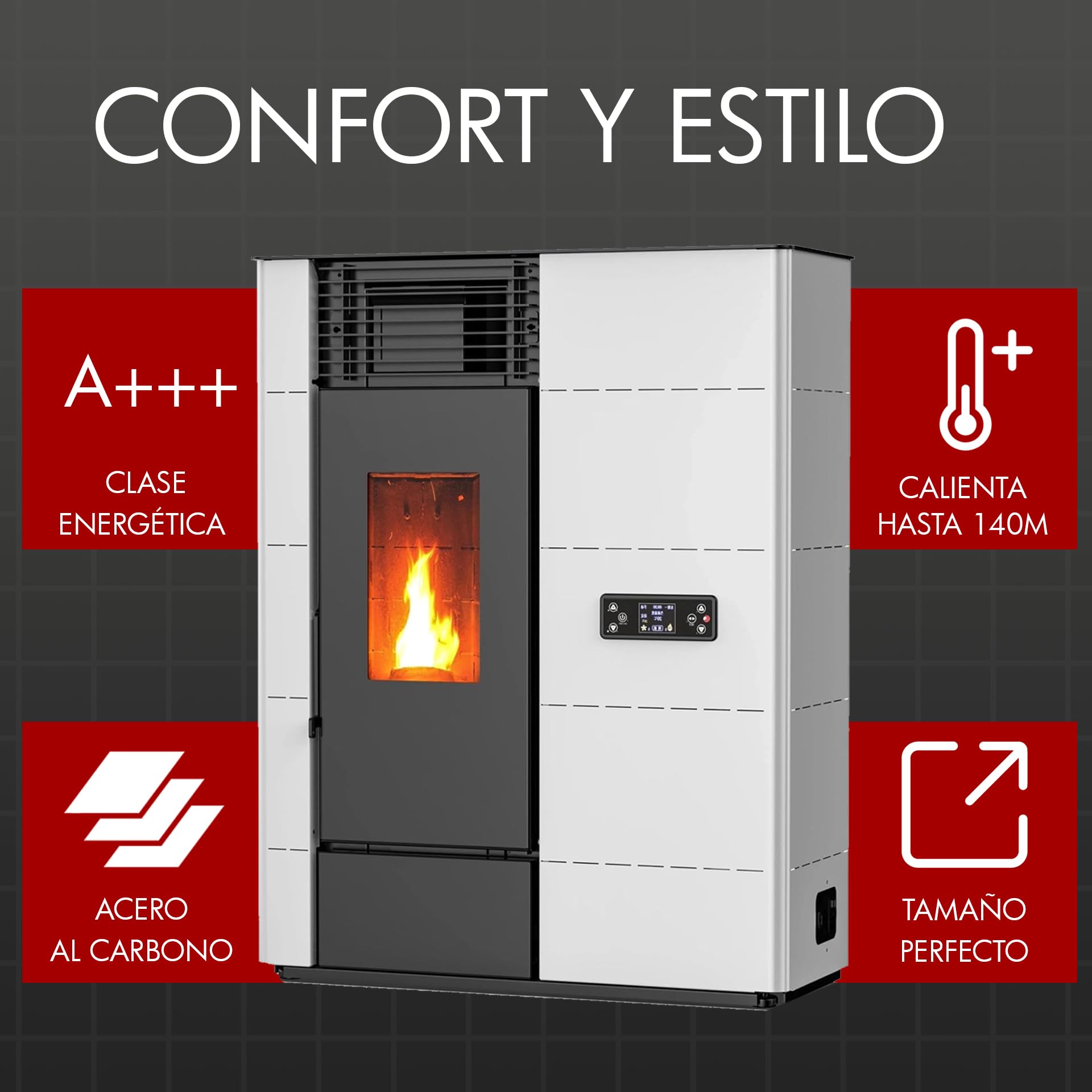 HOME&SOFAS Estufa Pellets de Pasillo | 14Kw Canalizable | Estufa Eléctrica para 140m² | Estufa de Pellets Pequeña con Mando y Programación Automática, Wifi Opcional, Tolva 22 Kg | Calefactor Eficiente