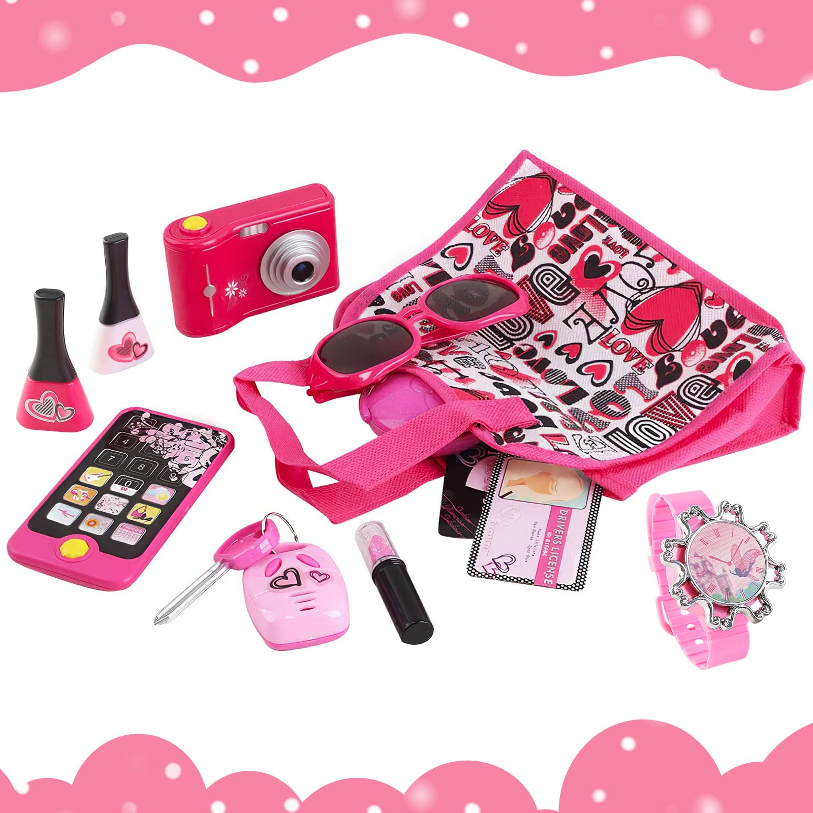 deAO Gioco di Bellezza Moda e Estilismo Set di Accessori Borsetta Fashion Include Il Trucco Artificiale Telefono e Fotocamera del Giocattolo con Luci e Suoni