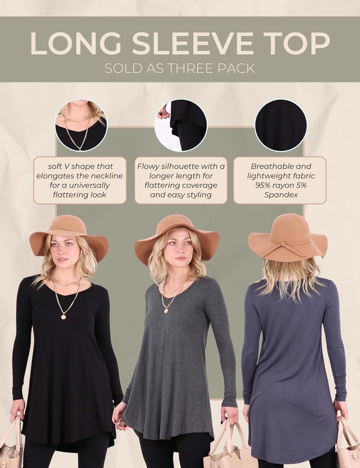 Popana Long Sleeve Tunic Top Shirts Women, Flowy Loose Fit Tops Womens Tunics Tees Long Sleeve Shirt for Leggings, 3-Pack