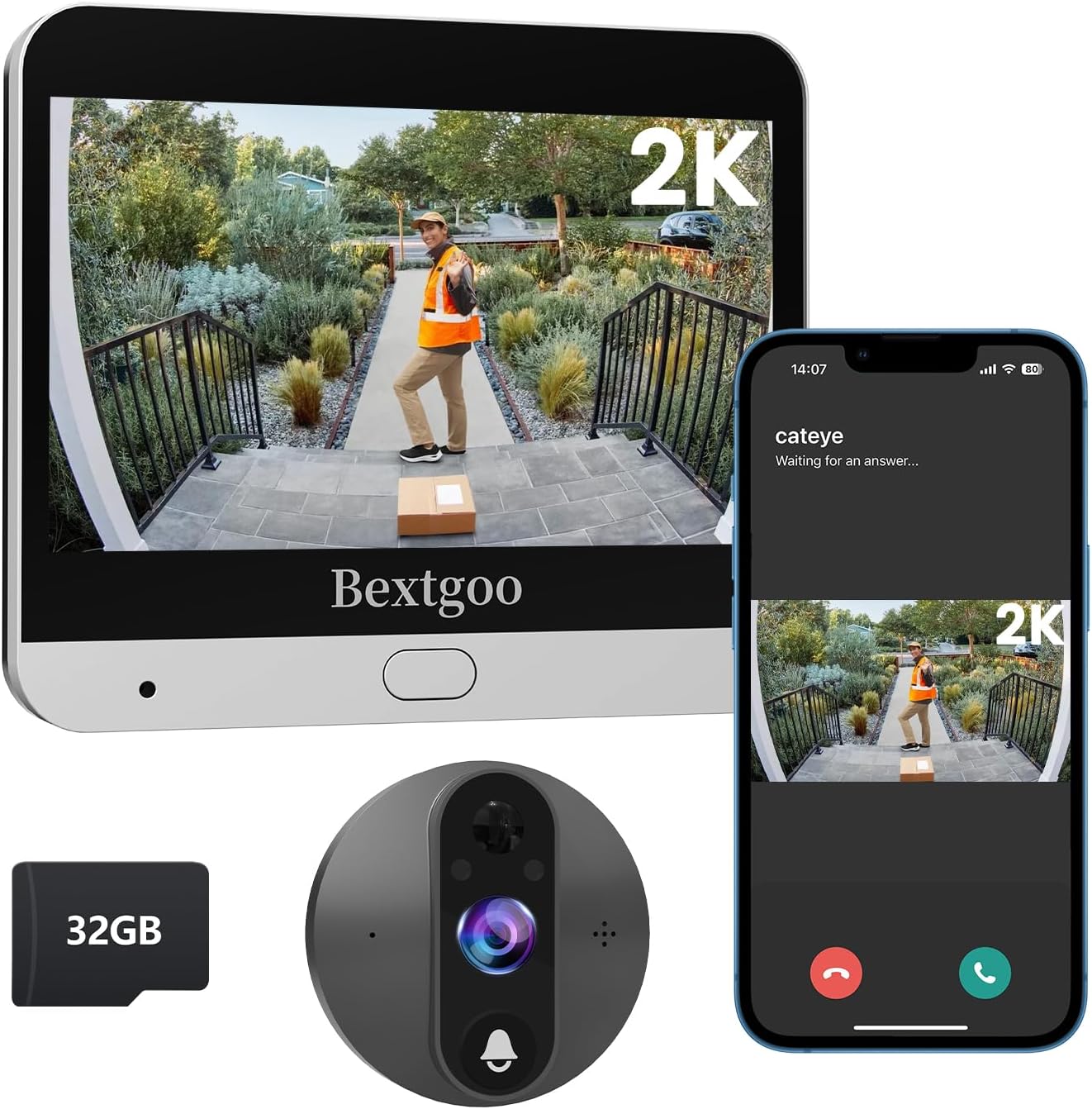2K Door Peephole Surveillance Camera with 32GB Card, Connected Video Intercom, Digital Peephole with 8000 mAh Battery Screen, 170° Vision, AI Human Detection, Two-Way Audio