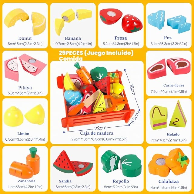 Foto 2 de 7 de MZJAUVF Frutas y Verduras Juguete, Accesorios Cocina Juguetes de Madera, Comiditas de Juguete para Cortar