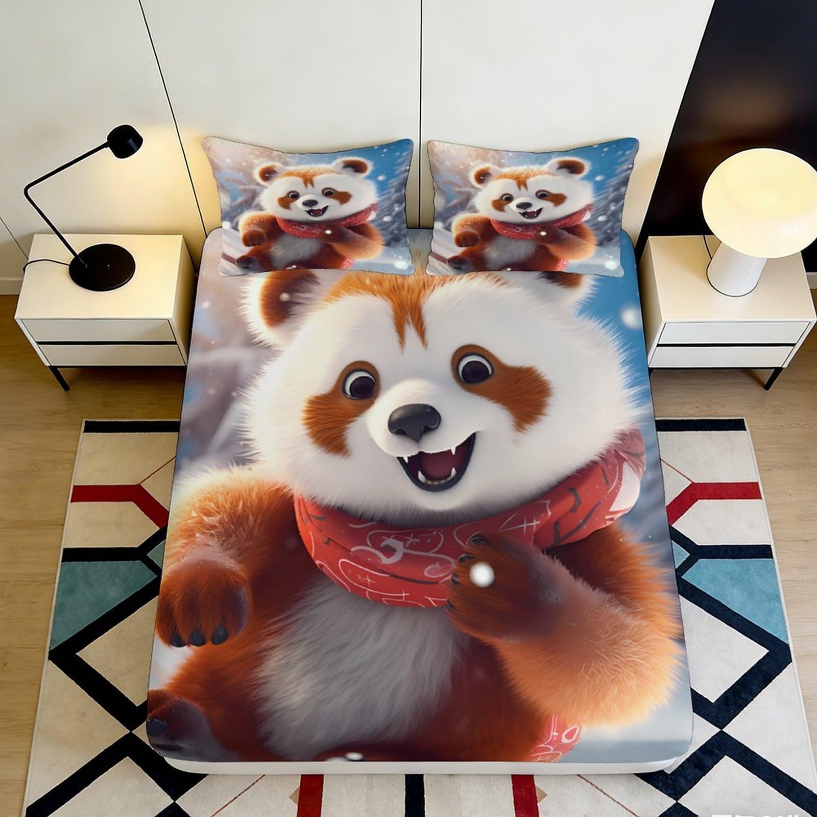 Pnayamiorkfel Style-3 3D Printed Red Panda Fitted Sheet Microfiber Soft Breathable Snow Scarf Bed Cover For Bedroom Guest Room Decor 90X200x25cm