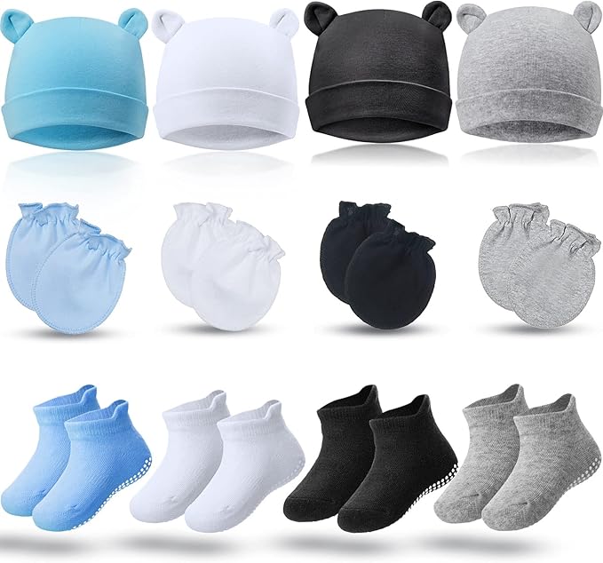 4 Sets Newborn Baby Hat and Mittens Toddler Beanie Cap Non Slip Socks for 0-6 Months