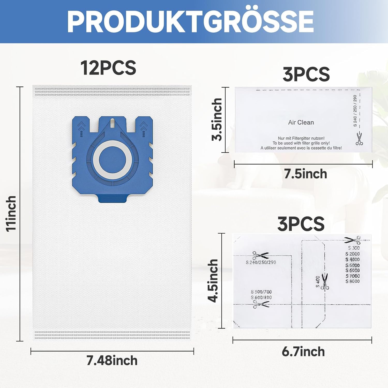 12 sztuk worków na kurz 3D Airclean kompatybilne z Miele Hoover GN Efficiency worki do odkurzacza Miele Complete C3 Complete C2 Classic C1 S2 S5 S8 S400 Series z 6 filtrami 9917730