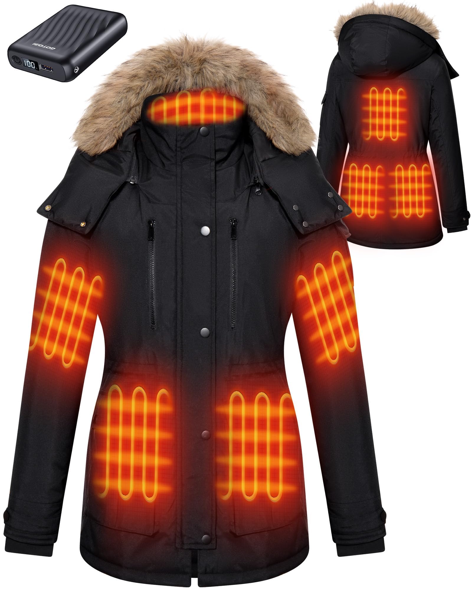 GOTOBI Heated Jackets for Women with 18400mAh 12V Battery Pack - Windproof Parka Womens Heated Jacket with Detachable Hood
