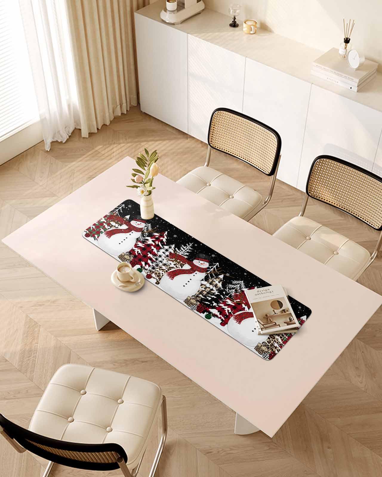 Debedcor Heat Proof Table Pads Waterproof Decorative, Black Christmas Snowman Non-Slip Table Countertop Protector, Xmas Tree Present Snowflake Insulation Mat for Dining Room, 48 x 12 Inches