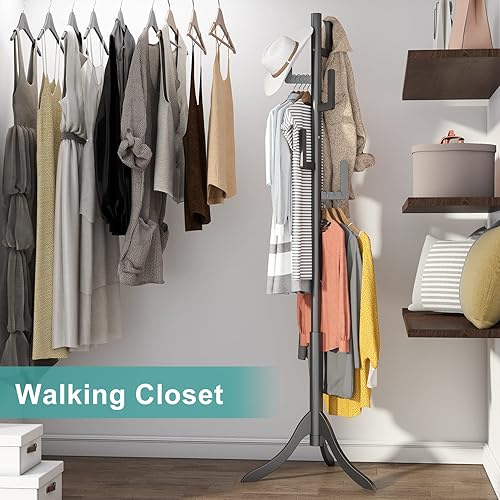 Miniatura 3 de Vriccc Perchero negro independiente, árbol de bambú de cactus, soporte de madera de altura ajustable con 6 ganchos, perchero para niños, utilizado