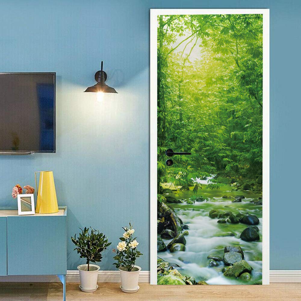 Sticker de porte trompe l'oeil ruisseau des bois pour un salon nature zen