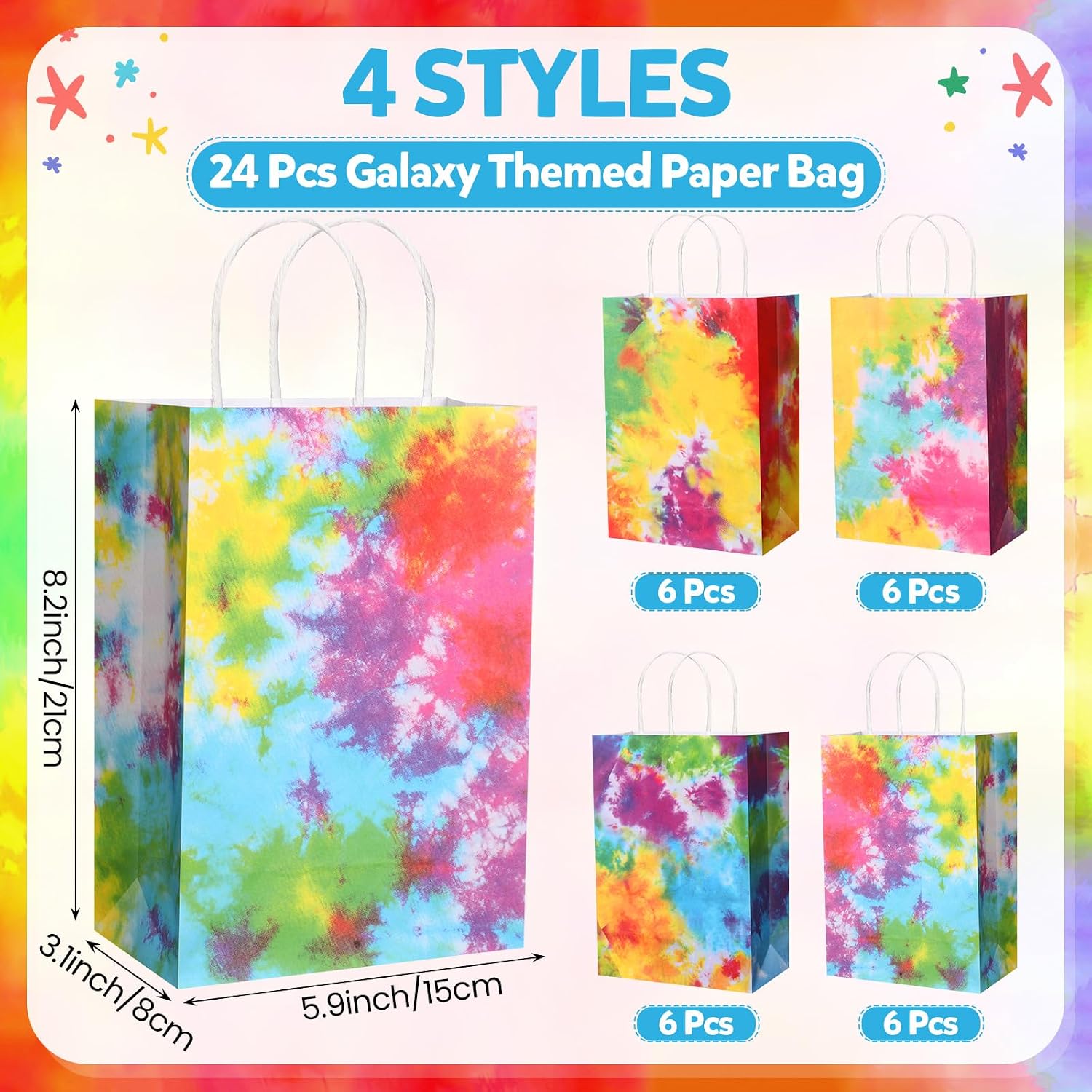 Gaillty 24 Pcs Tie Dye Party Favor Bags Camouflage Goodie Gift Bags with Handles Colorful Rainbow Paper Treat Candy Totes for Retro Theme Birthday Party Supplies Decorations image 2