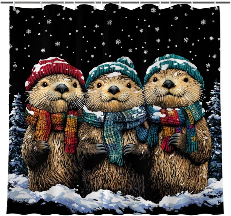 NGZ Winter 72x72 Inches Shower Curtain Christmas Shower Curtain, Cute Sea Otter Shower Curtains for Bathroom, Snow Fabric Bath Curtains Set with 12 Hooks