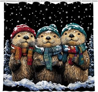 NGZ Winter 72x72 Inches Shower Curtain Christmas Shower Curtain, Cute Sea Otter Shower Curtains for Bathroom, Snow Fabric Bath Curtains Set with 12 Hooks
