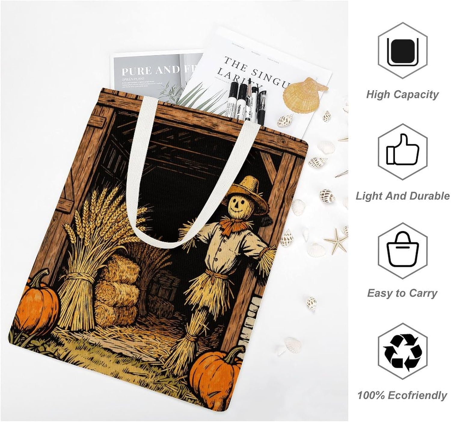 Woodcut Harvest Barn Canvas Tote Bag Reusable Grocery Bags Foldable Soft Cotton Shoulder Carry Bag
